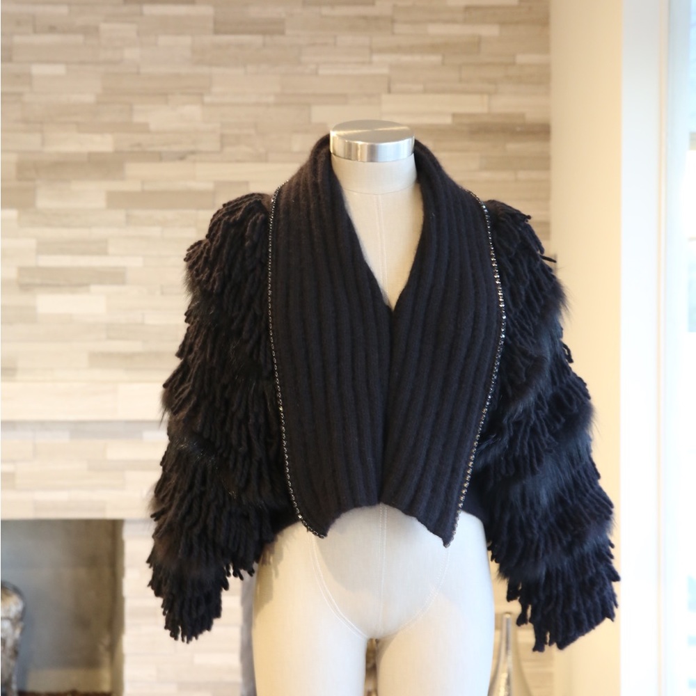 Stunning ROBERTO CAVALLI Evening Sweater Coat Swarovski Crystals Fox Fur Angora